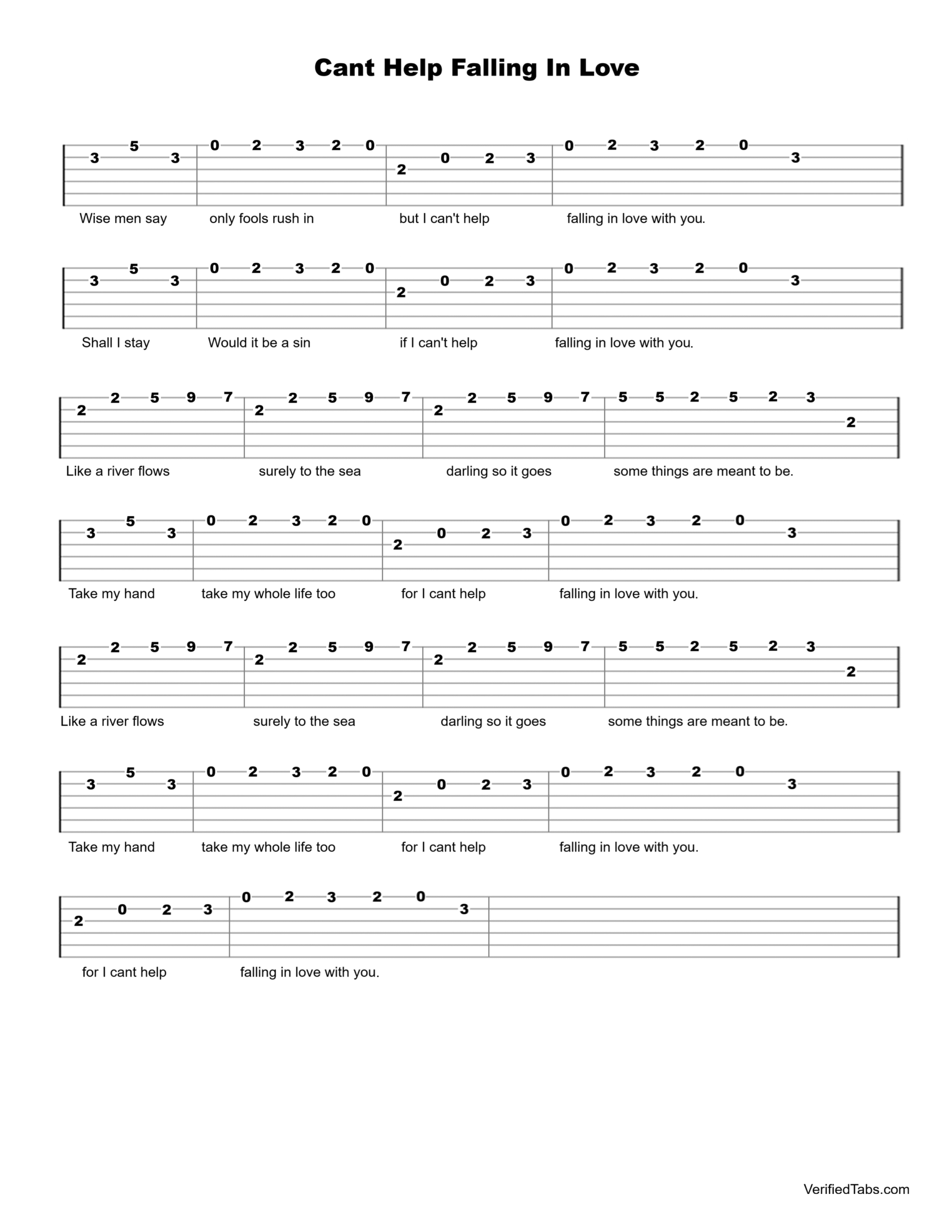 Cant Help Falling In Love Guitar Tab - Verified Tabs For Guitar