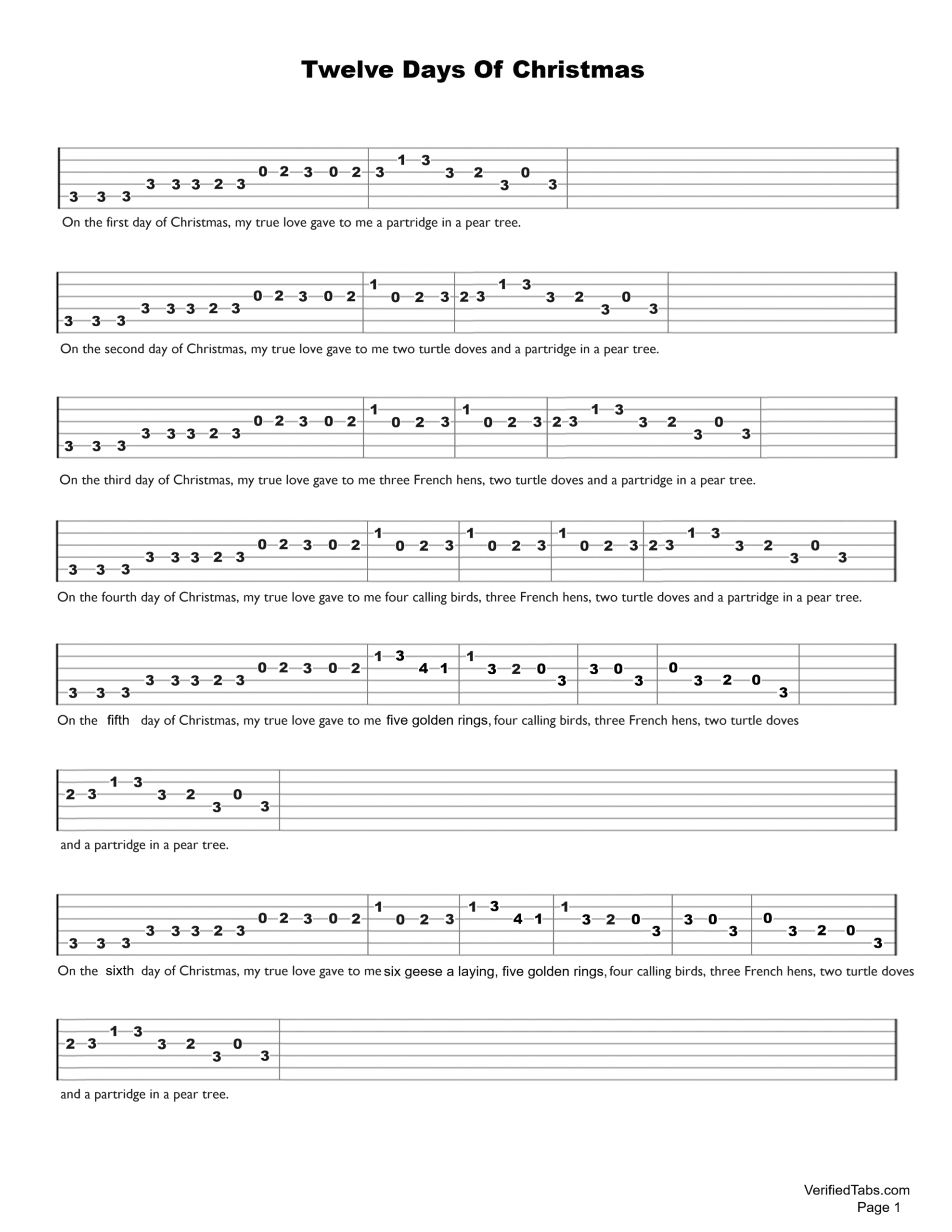 Twelve Days Of Christmas Guitar Tab - VerifiedTabs.com is a Catalog of Verified Tabs For Guitar